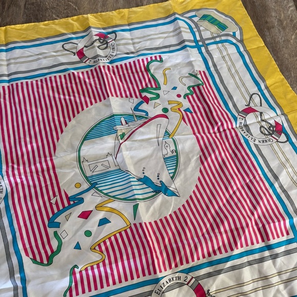 Vintage Country Club Nautical Queen Elizabeth Ship Yellow Pure Silk Scarf - Picture 1 of 6